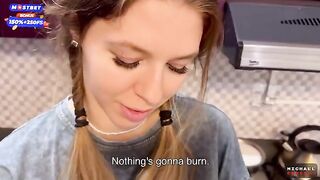 Flatmate-girl doesn't mind periodic sex in the kitchen and getting cum on her pigtails