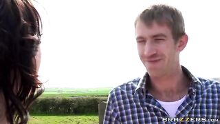A young man has sex with a beautiful girl on a haystack