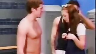 Schoolgirl gets fucked by two guys in the locker room