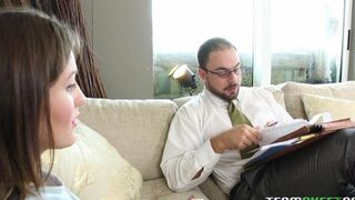 The girl seduced her stepfather and he fucked her without hesitation on the couch