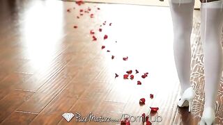 A young brunette girl is fucking on the bed with passion