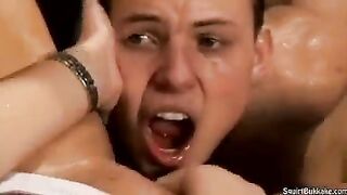 Bukakke in the mouth with a hot woman, exploring intense oral play