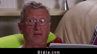 A hot blonde has sex with an older man who fucks her hard