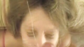 A cumshot on the girl's face after a blowjob, pure ecstasy!