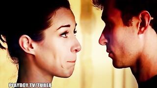 Girl is having sex near a flaming fireplace in the room