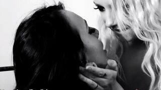 Two lesbians enjoy each other with dildo and vibrator on the bed