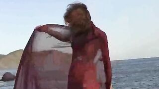 Nudist girl has small wet boobs, spank her
