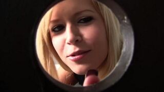The blonde is hungry for cock, she will suck through the hole in the toilet