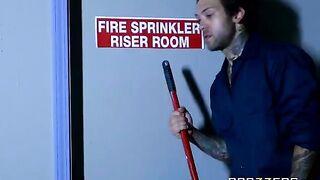A hot chick Abigail Mac gets fucked by a cleaner in the back room