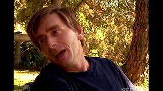A pretty girl has sex with a guy in nature, outdoor setting