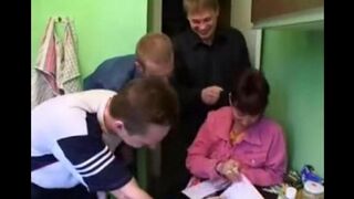 Foursome sex with Russian mature and young guys in the kitchen