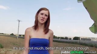 A red-haired girl is fucking in a haystack, her big tits are shining