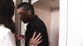 Skinny ebony chick is getting fucked by a white guy with huge cock