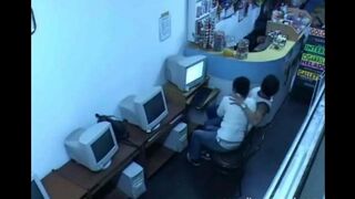 A guy almost fucks a girl with a webcam in an internet cafe