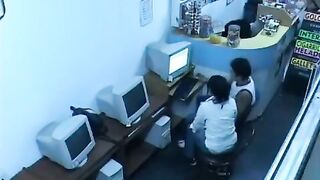 A guy almost fucks a girl with a webcam in an internet cafe