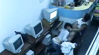 A guy almost fucks a girl with a webcam in an internet cafe