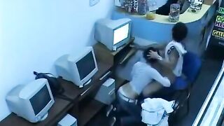 A guy almost fucks a girl with a webcam in an internet cafe
