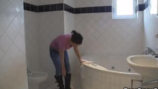 Hot brunette with natural tits gets wild after taking a shower