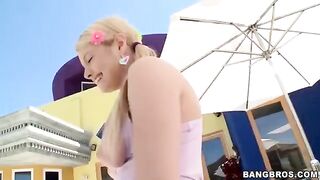 The blonde girl sucks a long dick and swallows the cum in POV
