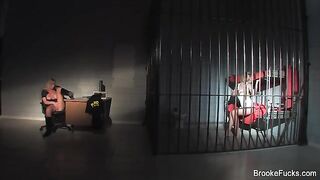 The guard caresses herself with her hand at work
