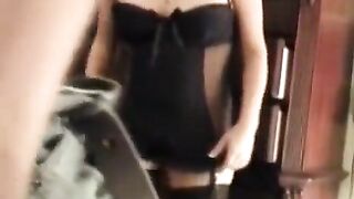 Hot brunette in stockings fucks her husband wearing a corset