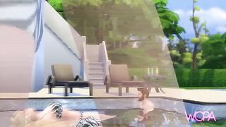 Redhead, blonde and brunette girls having fun in the pool
