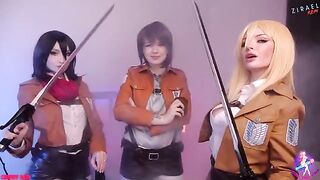Cosplay threesome with Mikasa, Sasha, and Historia in wet pussies action