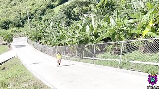 Rough sex with a busty brunette after her run, showcasing her best POV
