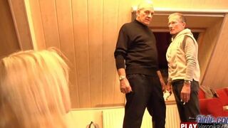 Bearded guy with gray hair fucks a young blonde chick hard
