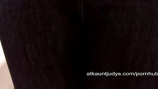 An aged woman rubs her old pussy on the couch