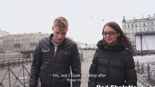 The first guy with a package, and the Russian beauty gives a blowjob