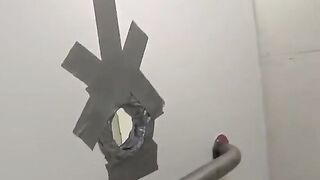 Fella fucks girl in the holes in the club toilet