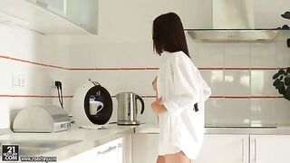 A young girl is having fun early in the morning