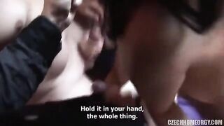 A drunk woman fucks at home with her boyfriend and friends