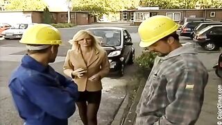 Girl in black pantyhose fucks on the set of porn with enthusiasm