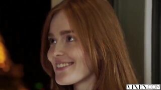The man greedily lapped the red-haired woman's shaved pussy