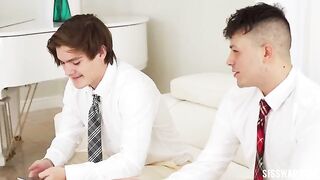 A girl with glasses secretly fucks with her tutor and his friend