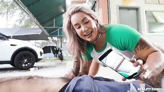 A dirty girl has sex with her mechanic after getting her car repaired