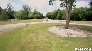 Outdoor fun with a girl in the park, she shows her tits