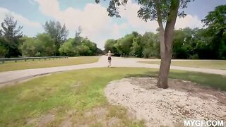 Outdoor fun with a girl in the park, she shows her tits
