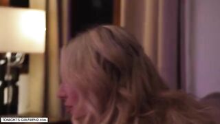 Kayley Gunner, the busty blonde bombshell from Hawaii, gives a foot job in stockings