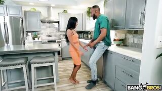 She took a huge cock in her coochie in the kitchen