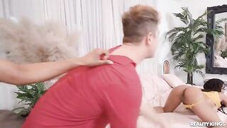 Two cute girls found a guy to share him in a threesome