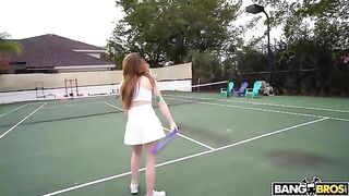 The cute girl is fucking with her tennis coach on the tennis court