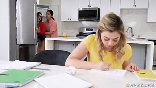 A threesome with a tutor who has big natural tits and tips