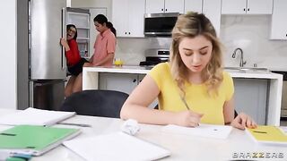 A threesome with a tutor who has big natural tits and tips