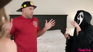 Unexpected visitors have fun with two sexy and attractive girls