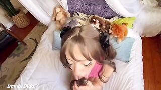 Young brunette bitch Bambi Bluu gets her pussy wet and queefs like a mad one