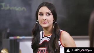 Three cheerleaders, including Eliza Ibarra, get punished for skipping class and end up having a threesome sex session