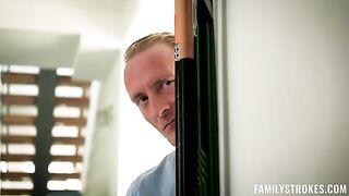 A woman has sex with a lover while talking to her husband on the couch